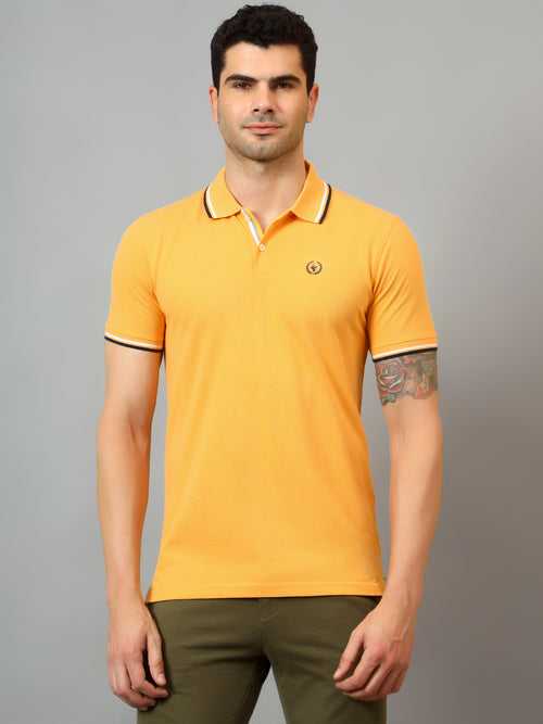 Cantabil Men's Yellow Solid Polo Neck Half Sleeve T-shirt