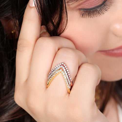 Tricolor Sparkle One Line CZ 925 Sterling Silver Rings