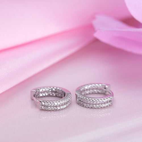 Dual Line Glamour Rhodium Plated 925 Sterling Silver Hoop Earrings