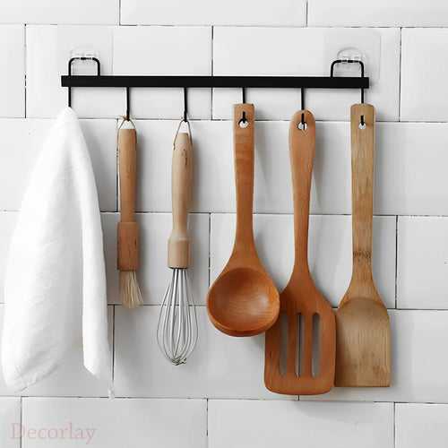 Self Adhesive Wall Mounted Hook with Wooden Spatula Spoons Kitchen & Bathroom Hanging Accessories Utensils