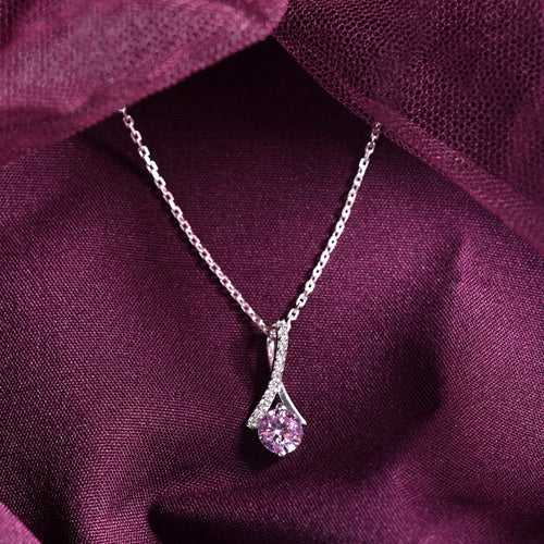 CLARA 925 Sterling Silver Pink Solitaire Pendant Chain Necklace Rhodium Plated, Swiss Zirconia Gift for Women and Girls