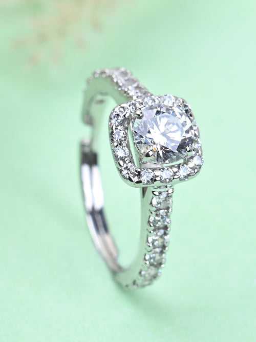 CLARA Pure 925 Sterling Silver Halo Solitaire Finger Ring with Adjustable Band Gift for Women Girls Wife Girlfriend Swiss Zircon Rhodium Plated