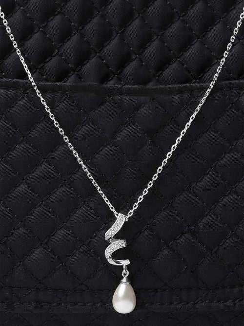 Clara 925 Sterling Silver Pearl Twist Pendant Earring Chain Jewellery Set, Rhodium Plated, Swiss Zirconia, Gift for Women & Girls