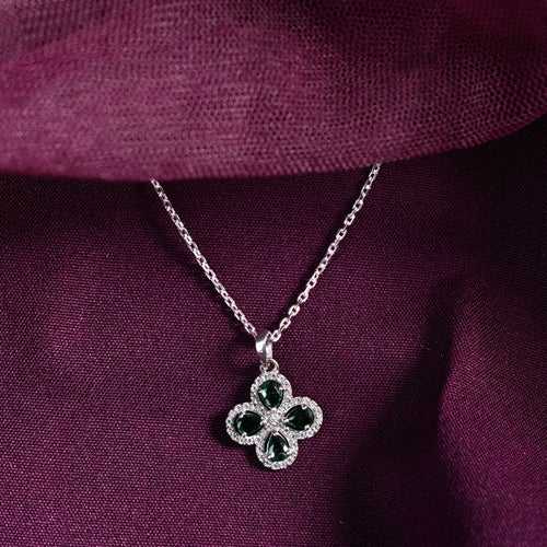 CLARA 925 Sterling Silver Green Flower Pendant Chain Necklace Rhodium Plated, Swiss Zirconia Gift for Women and Girls