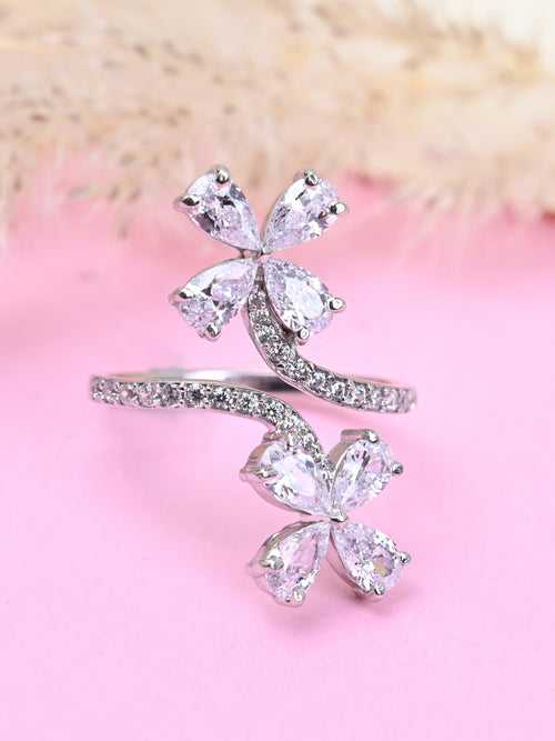 CLARA Pure 925 Sterling Silver Flower Finger Ring with Adjustable Band Gift for Women Girls Wife Girlfriend Swiss Zircon Rhodium Plated