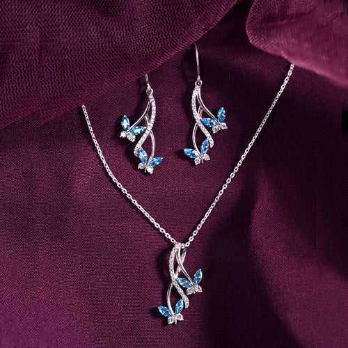 CLARA 925 Sterling Silver Butterfly Pendant Earring Chain Jewellery Set Rhodium Plated, Swiss Zirconia Gift for Women & Girls