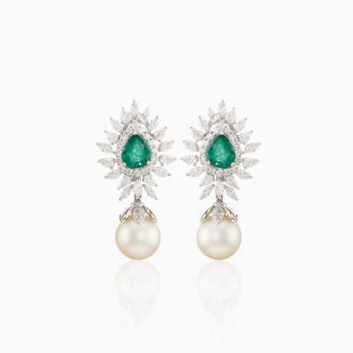 Helena Diamond, Emerald and Pearl Earrings