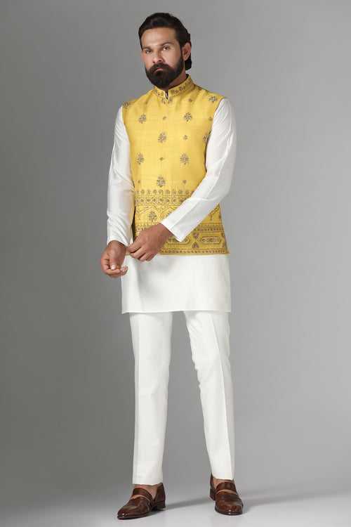Yellow Raw-Silk Embroidered Nehru Jacket