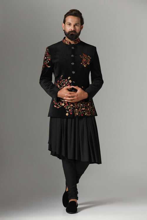 Black Velvet Embroidered Bandhgala Suit