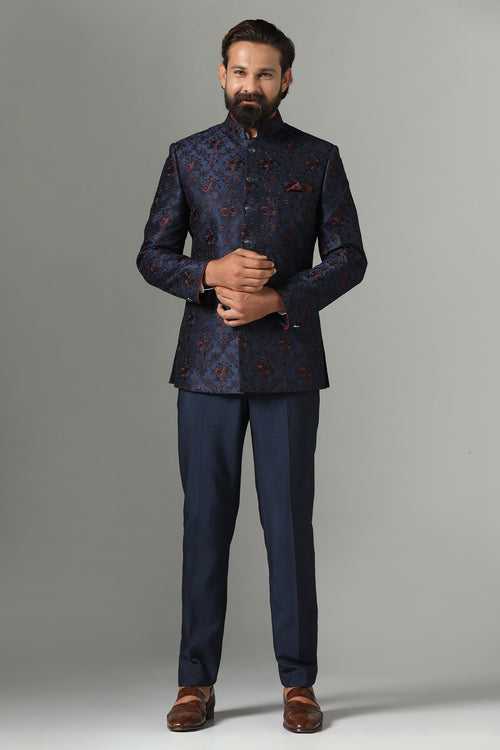 Navy Blue Embroidered Bandhgala