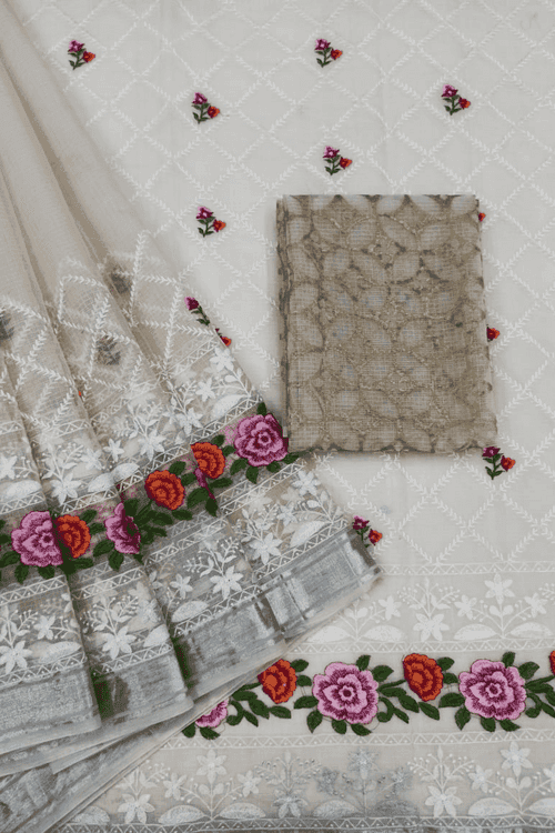 Glamwiz Floral Chikankari Kota Doria Saree- Off White