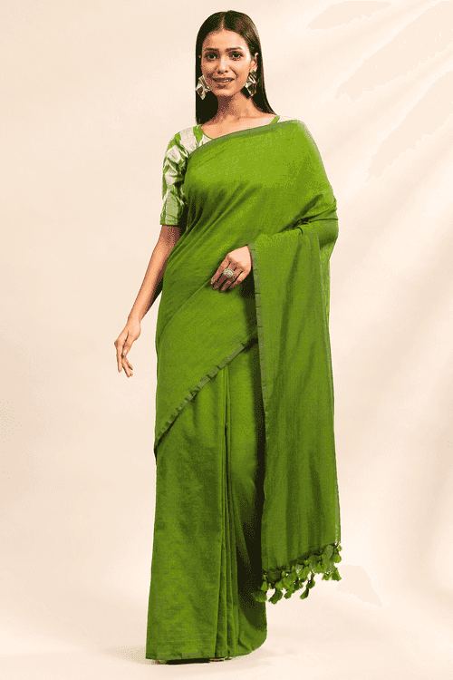 Green Moss Mul Saree | Ready to Wear Mul Cotton Saree with Blouse Piece