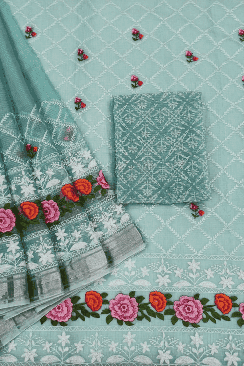 Glamwiz Floral Chikankari Kota Doria Saree