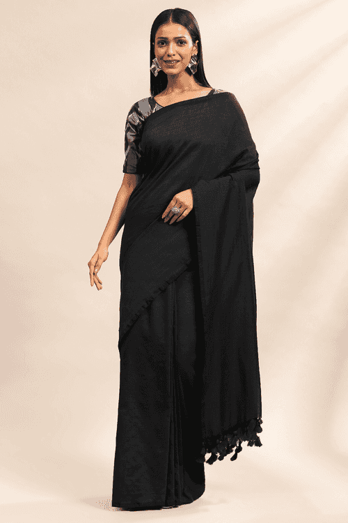 Black Mul Saree | Ready to Wear Cotton Saree with Stitched Blouse