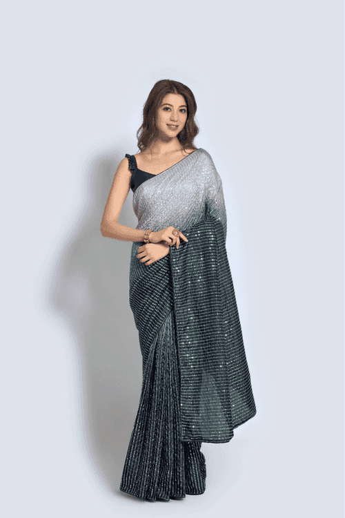 Ready to Wear Silver N Green Sequin Saree