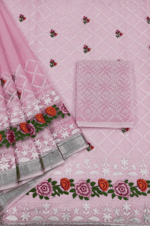 Glamwiz Floral Chikankari Kota Doria Saree- Pink
