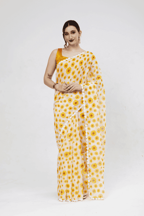 Yellow Sunflower Linen Saree