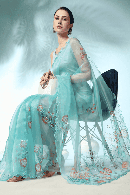 Ready To Wear Aqua Mirage Organza Saree