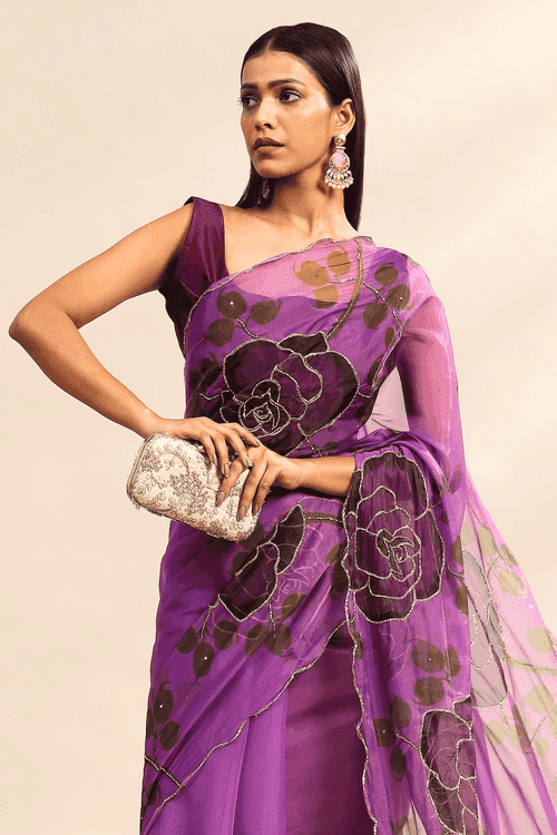 Plum Floral Saree | Ready to Wear Floral Purple Organza Saree