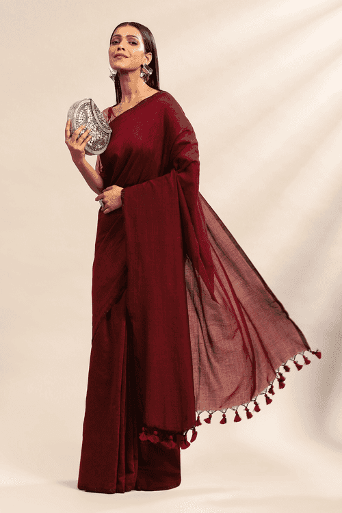 Burgundy Mul Saree | Ready to Wear Cotton Saree with Stitched Blouse