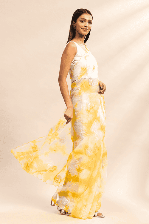 Marigold | Ready to Wear Yellow Shibori Saree with Stitched Blouse