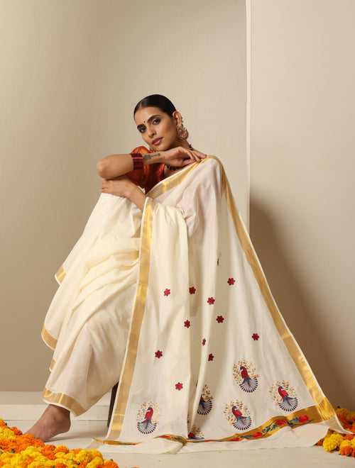 Ready to Wear Floral Embroidered Kasavu Saree