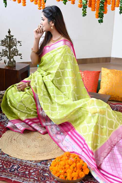 Light Green And Pink Pure Coimbatore Silk Handloom Saree