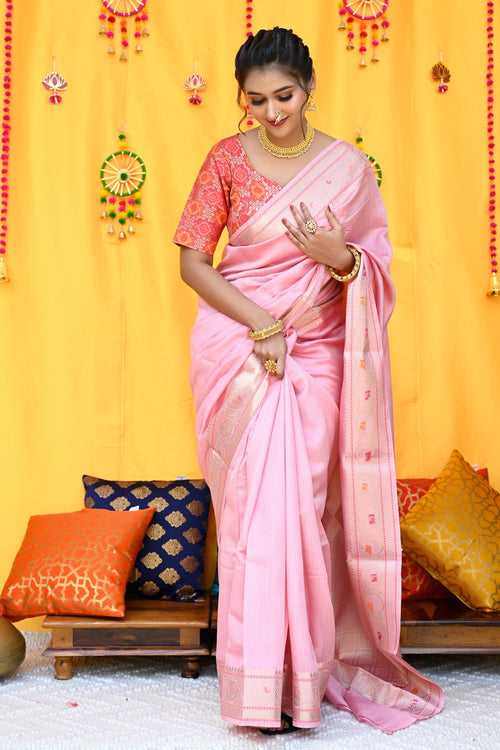 Light Pink Pure Mulberry Silk Handloom Saree