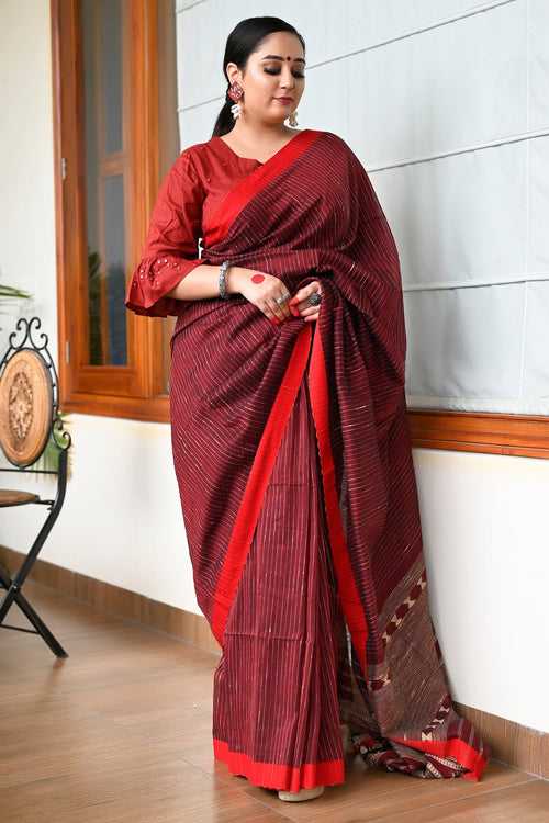 Maroon And Red Pure Bengali Cotton Taant Handloom Saree.