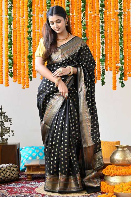 Black Pure Maheshwari Saree With Zari Pallu And Borders