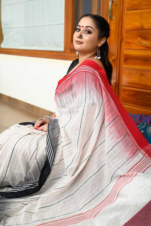 White Black And Red Pure Bengali Cotton Taant Handloom Saree.