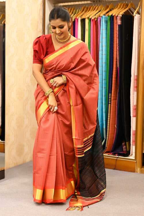 Rust Red Office Wear Cotton Saree