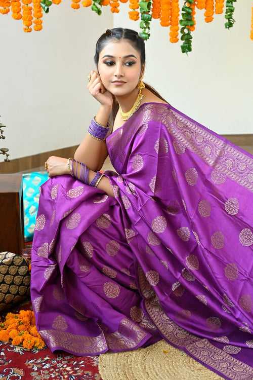 Purple Pure Pondicherry Silk Handloom Saree