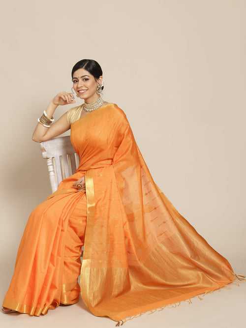 Orange Color Silk Cotton Woven Design Maheshwari Saree