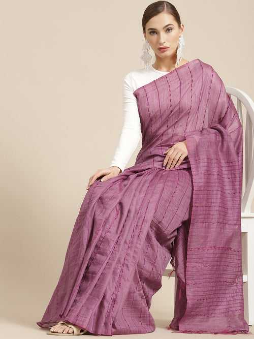 Purple Color Silk Cotton Woven Design Striped Handloom Saree