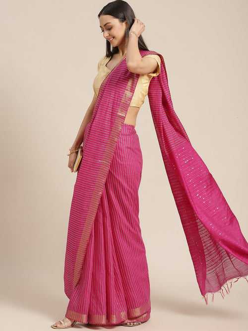 Magenta Color Color Woven Design Striped Handloom Saree with Sequence Pallu
