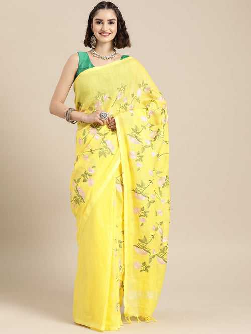 Yellow Color Silk Cotton Embroidered Mangalagiri Handloom Saree