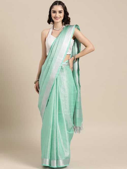 Green and Silver Toned Banarasi Linen Tissue Handloom Saree