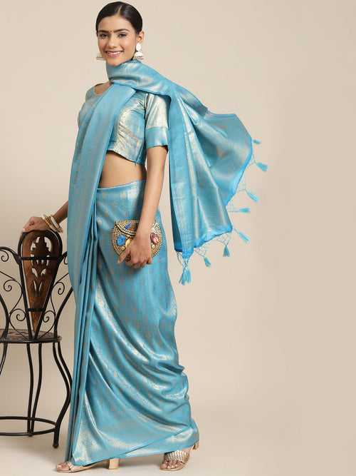 Blue and Gold Colored Silk Blend Woven Design Banarasi Saree