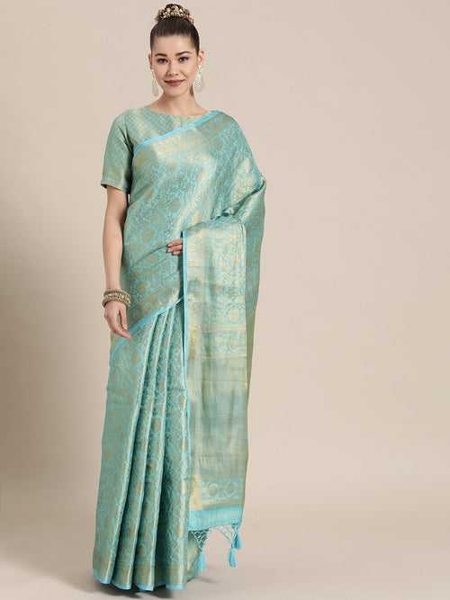 Sky Blue and Gold Colored Silk Blend Woven Design Banarasi Saree