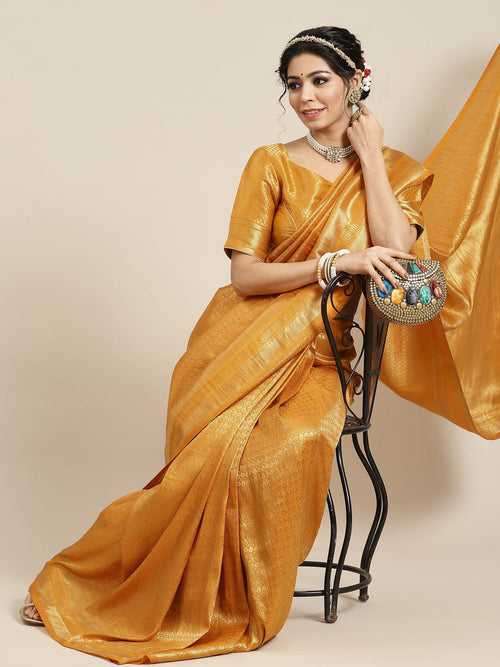 Mustard and Gold Colored Art Soft Silk Woven Design Banarasi Handloom Saree