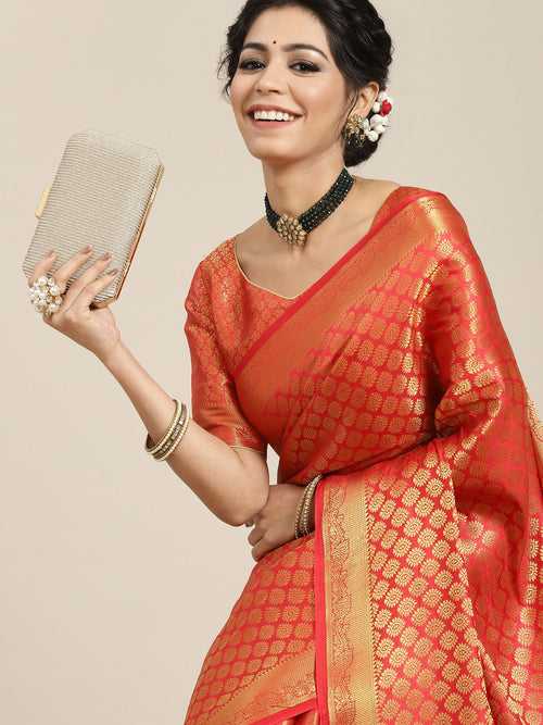 Red and Gold Colored Art Silk Woven Design Banarasi Handloom Saree