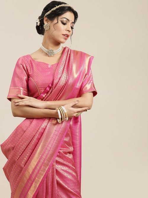 Pink and Gold Colored Art Silk Woven Design Banarasi Handloom Saree