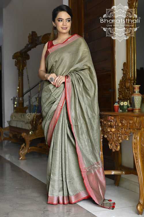 Mehendi Green Color Pure Linen Solid Handloom Saree with Silver Zari Border