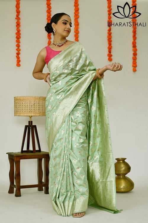 Pista Green Soft Banarasi Silk Saree with Richness of Golden Zari Work