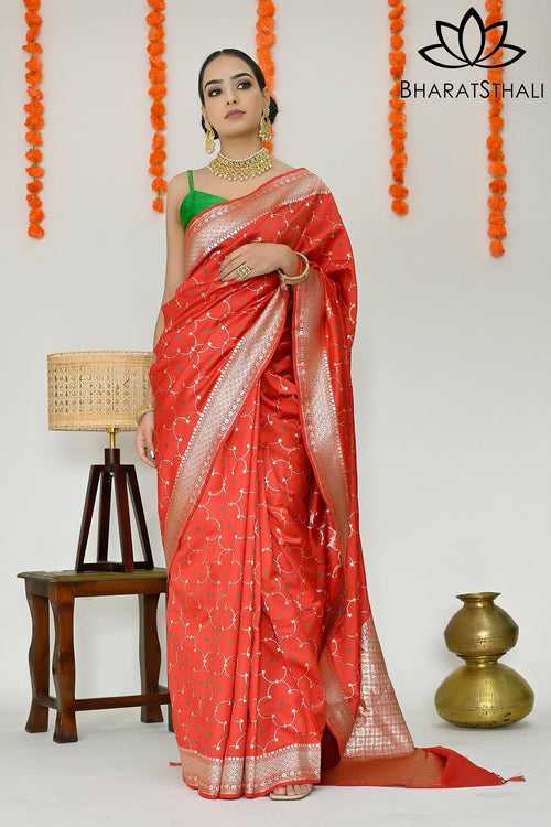 Red Color Soft Banarasi Silk Saree with Silver Zari Border and Pallu