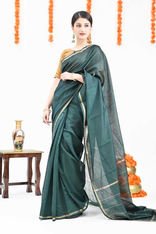 Green Color Pure Chanderi Silk Solid Handloom Saree