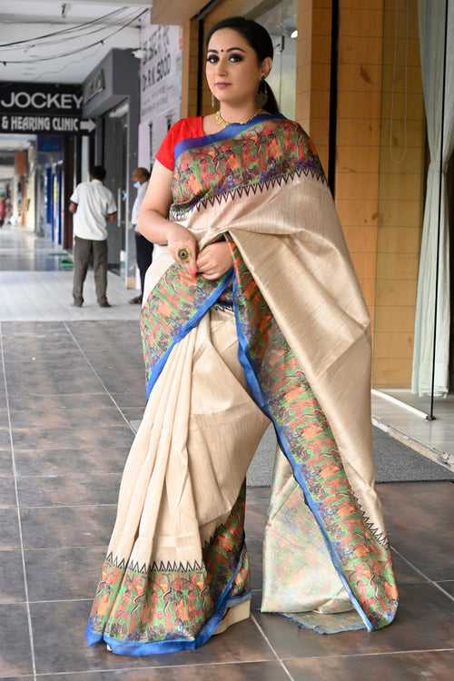 Beige With Blue Saree with Kalamkari Prints Bengali Silk Saree