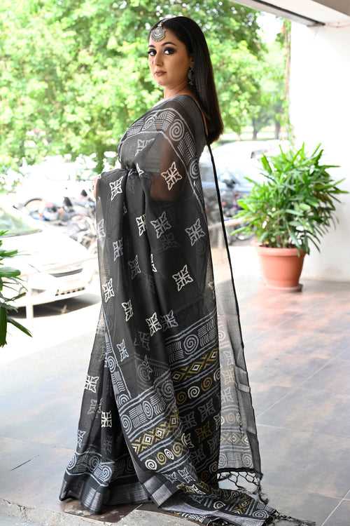 Linen Blackberry Handloom Saree Prints