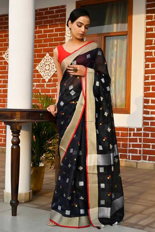 Navy Blue Pure Linen Saree With Box Prints